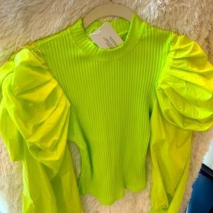 NWT Chartreuse Acid Neon Lime Green 🎾 Puff Balloon Long Sleeve Knit Top Sweater